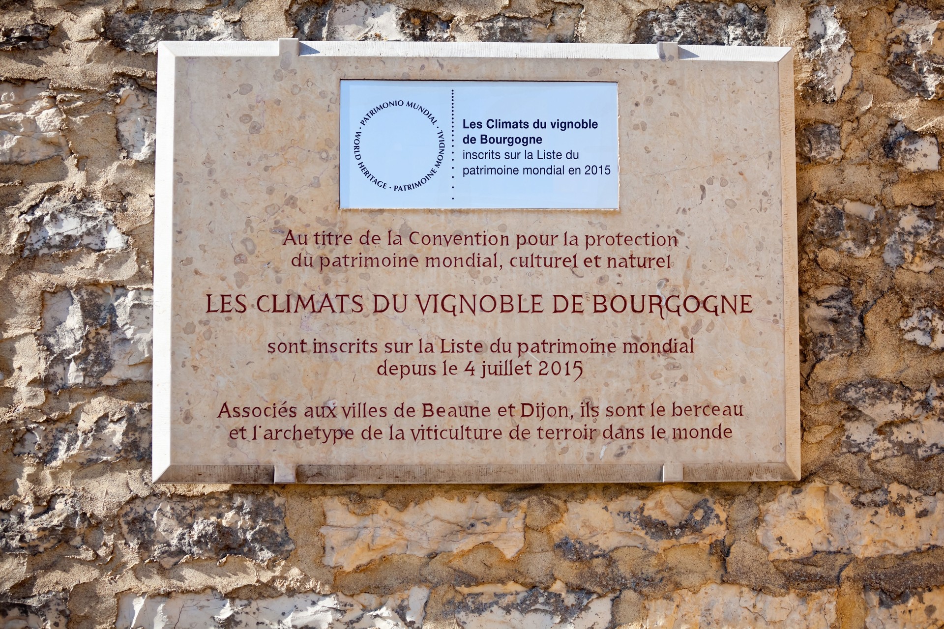 UNESCO World Heritage Site Stone Plaque in the Burgundy Cote d'Or Vineyards for the Protection of the Burgundy Climates and Heritage