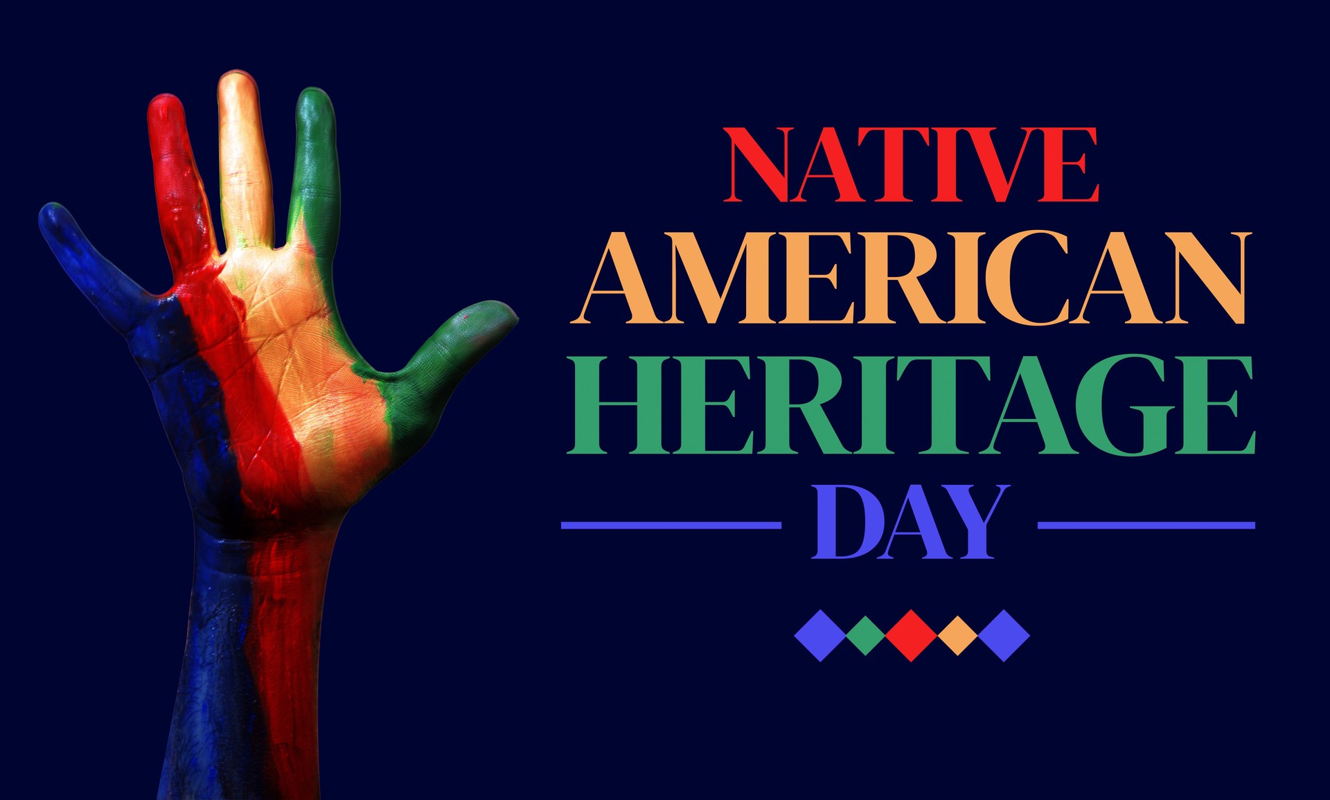 Native American Heritage Day Wallpaper with a diversity colorful painted hand on the side along typography. This civil holiday is observed after thanksgiving in United States, traditional background